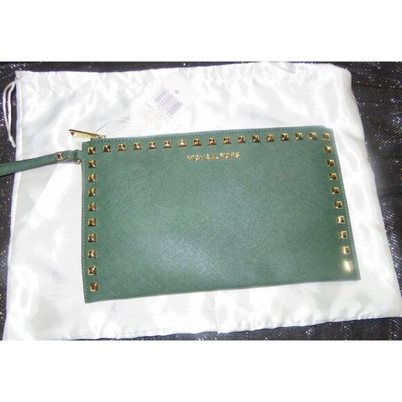 Michael Kors Selma Saffiano Leather Studded Zip Clutch in Malachite Green NWT - Picture 1 of 8
